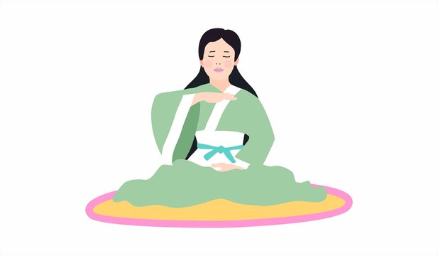 The girl sits in the lotus position and practices yoga and meditation. Attains the state of Zen in the practice of Falun Dafa. Traditional ancient qigong exercise. Falungun lessons.