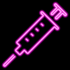 Pink neon stylized syringe contour on a black background