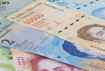 Close up to the currency of the south American country Venezuela. High inflation and weak economy...