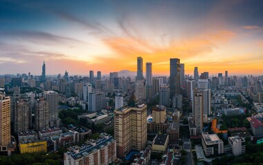 Plakat Skyline of Nanjing City at Sunrise in Summer