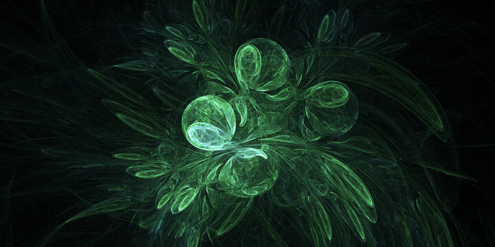 Fractal abstract botanical leaves made from glowing green light
