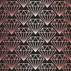 Vector illustration with rose gold seamless pattern Bright texture with metallic pink diamonds on black background