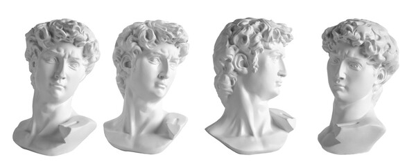 Closeup of  beautiful sculpture, gypsum bust of a Michelangelo's David isolated over a white background