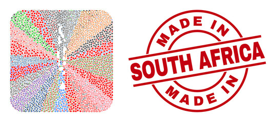 Vector collage Maldives map of different symbols and Made in South Africa seal. Collage Maldives map designed as carved shape from rounded square. Red round imprint with Made in South Africa word.