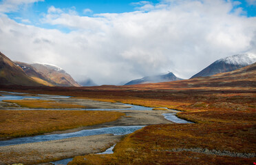 Stupendous view of a valley crossed by Kungsleden trail between Salka and Singi, Swedish Lapland, mid-September, 2020