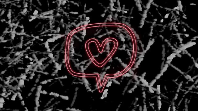 Animation of pink neon heart in speech bubble, on monochrome grass