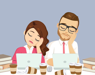Two business people resting head on hand tired working at office with lots of coffee drinks lying on desk