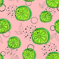 Lime Seamless Pattern. Citrus Fruit Vector Illustration Background. Green colors. Leaves and Limes Design Elements. Line art. Brushes. Print, Texture, Wallpaper, Backdrop, Textile.