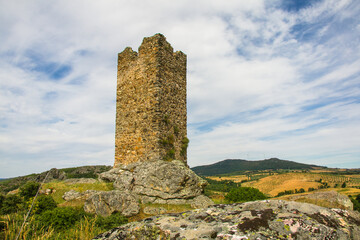 Ancient stone castle tower of Penas Roias, located in the Natural Park of the Douro river, in...