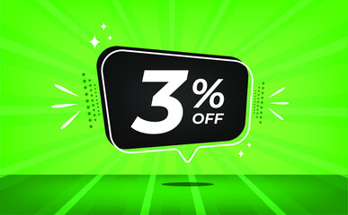 3% off. Green banner with three percent discount on a black balloon for mega big sales.