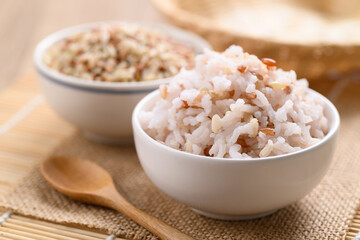 Organic Thai highland cooked  brown rice in a bowl (Cargo rice, Loonzain rice or Husked rice), Healthy food