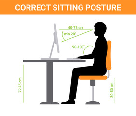 Correct sit position posture. Ergonomic computer desk correct posture business pose - obrazy, fototapety, plakaty