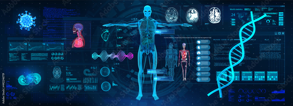 Poster healthcare examination with hud interface. full scan and examination of the human body and organs. d