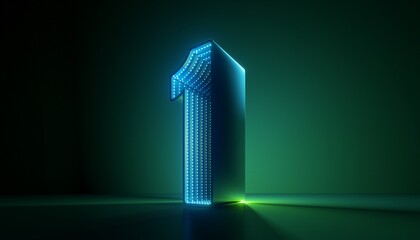 3d render, number one, green blue glowing neon light