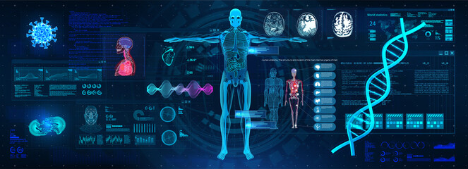 Healthcare examination with HUD interface. Full scan and examination of the human body and organs. DNA indications, cardiogram, body X-ray, brain, heart. Medical HUD. 3D human body research. Vector