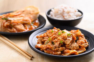 Stir-fried kimchi cabbage with pork eating with cooked rice, Homemade Korean food