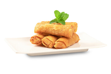 Fried Chinese traditional spring rolls food on white plate on white background.