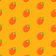 Peaches on a yellow background . Vector pattern .