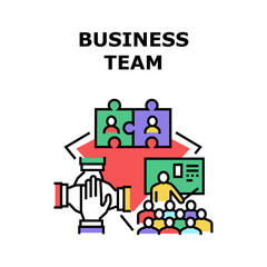Business Team Vector Icon Concept. Business Team Conference And Brainstorming, Educational Course And Planning Job Strategy. Company Teamwork And Profession Cooperation Color Illustration