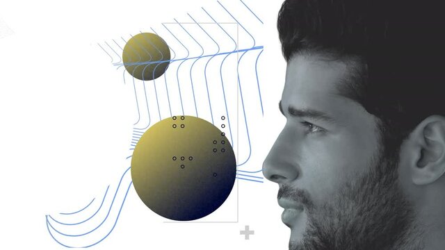 Animation of globes with network of connections over man face