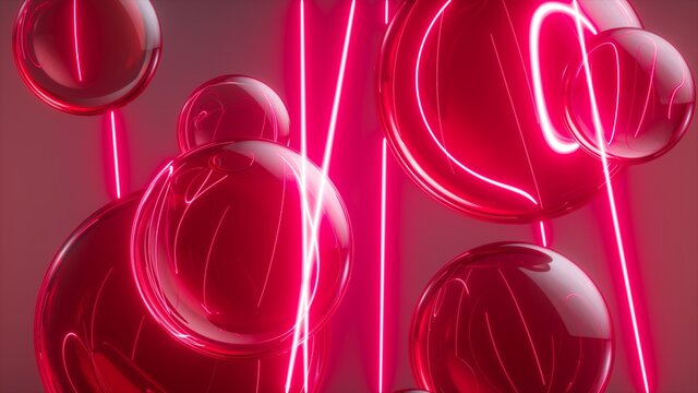 3d render, abstract neon background with glass balls and laser rays, glowing infrared light