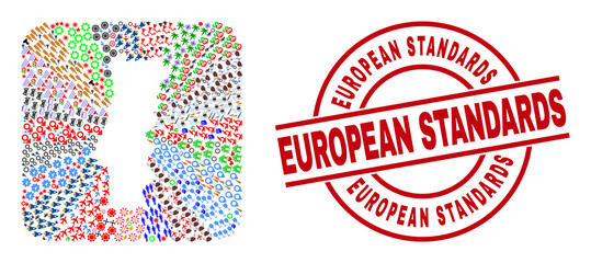 Vector collage Portugal map of different icons and European Standards seal. Collage Portugal map created as stencil from rounded square shape. Red round seal with European Standards tag.