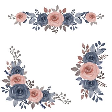 arrangement watercolor of blue and peach roses for greeting and wedding invitation