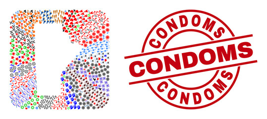 Vector mosaic Manitoba Province map of different icons and Condoms seal stamp. Mosaic Manitoba Province map designed as subtraction from rounded square shape. Red round stamp with Condoms text.