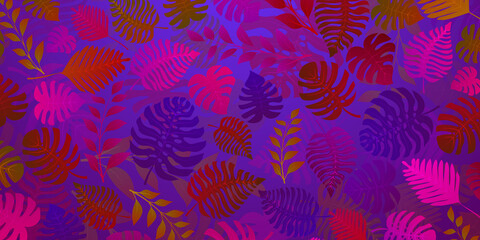 Fototapeta na wymiar Background with exotic jungle plants. Tropical palm leaves. Rainforest illustration in purple colors.