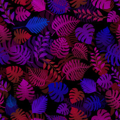 Naklejka na ściany i meble Seamless pattern with exotic jungle plants. Tropical palm leaves. Rainforest illustration, multicolored on black background.