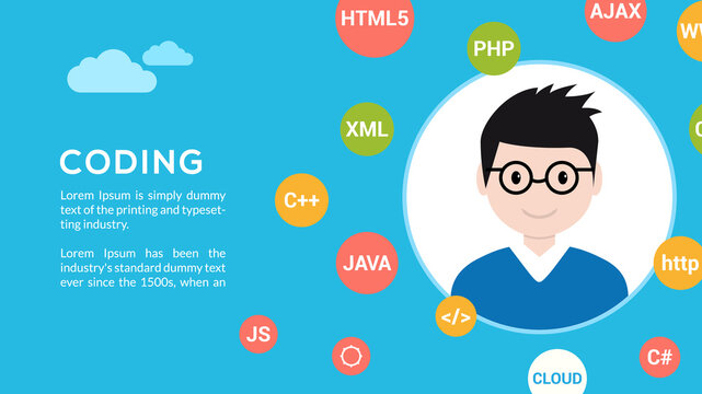 Programmer flat design graphic illustration. Computer geek programming software training website banner concept