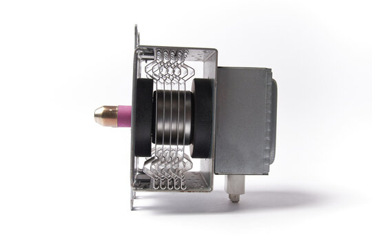 Microwave magnetron side view, component used to heat in a domestic electric artefact