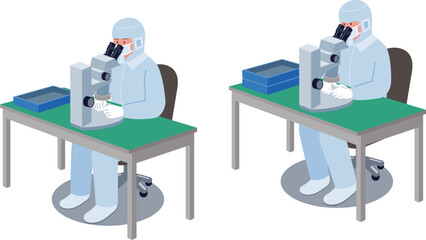 医療用機器製造工場で顕微鏡で作業をする作業員のベクターイラスト
