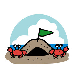 浜辺の砂浜トンネルとカニたち