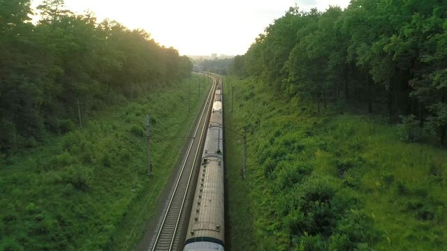 A freight train is moving at high speed through the woods. Aerial view.