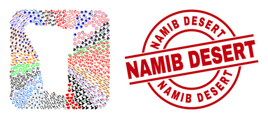 Vector collage Namibia map of different symbols and Namib Desert seal stamp. Collage Namibia map designed as stencil from rounded square shape. Red round seal with Namib Desert tag.