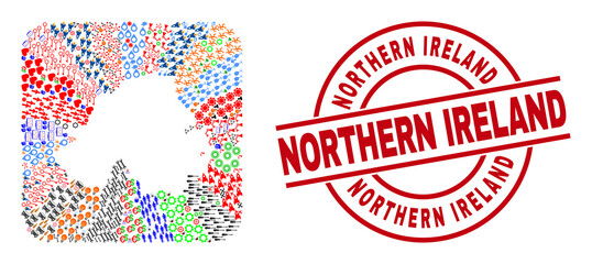 Vector mosaic Northern Ireland map of different pictograms and Northern Ireland seal stamp. Mosaic Northern Ireland map designed as stencil from rounded square shape.