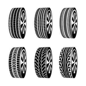Vector black rubber tyre texture. Black tire design car texture silhouette