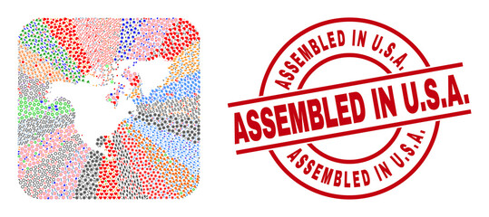 Vector mosaic North America map of different icons and Assembled in U.S.A. seal stamp. Mosaic North America map created as carved shape from rounded square. Red round stamp with Assembled in U.S.A.