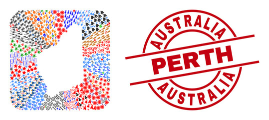 Vector mosaic Western Australia map of different pictograms and Australia Perth seal. Mosaic Western Australia map created as stencil from rounded square. Red round badge with Australia Perth word.