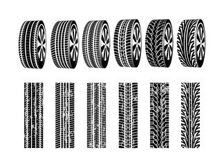 Vector black rubber tyre texture. Black tire design car texture silhouette