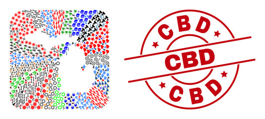 Vector collage Michigan State map of different symbols and Cbd seal stamp. Collage Michigan State map constructed as carved shape from rounded square shape. Red round stamp with Cbd text.