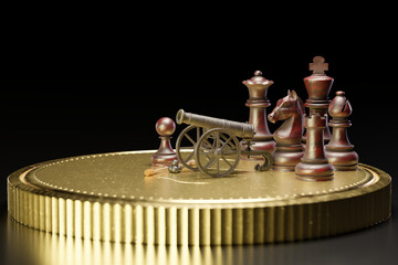 Old rusted cannon on a carriage and cannonballs are placed next to it. There is chess on a gold coin in dark black background. The concept of business battles with a strategic plan. 3D illustration.