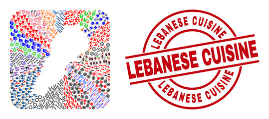 Vector collage Lebanon map of different pictograms and Lebanese Cuisine seal stamp. Collage Lebanon map constructed as carved shape from rounded square shape.