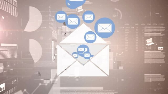 Animation of floating email envelope icons and data processing on interface screens