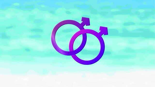 Animation of two linked purple male gender symbols identifying gay male orientation, on blue
