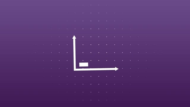 Animation of simple white bar graph icon with arrow axis, on dark purple background