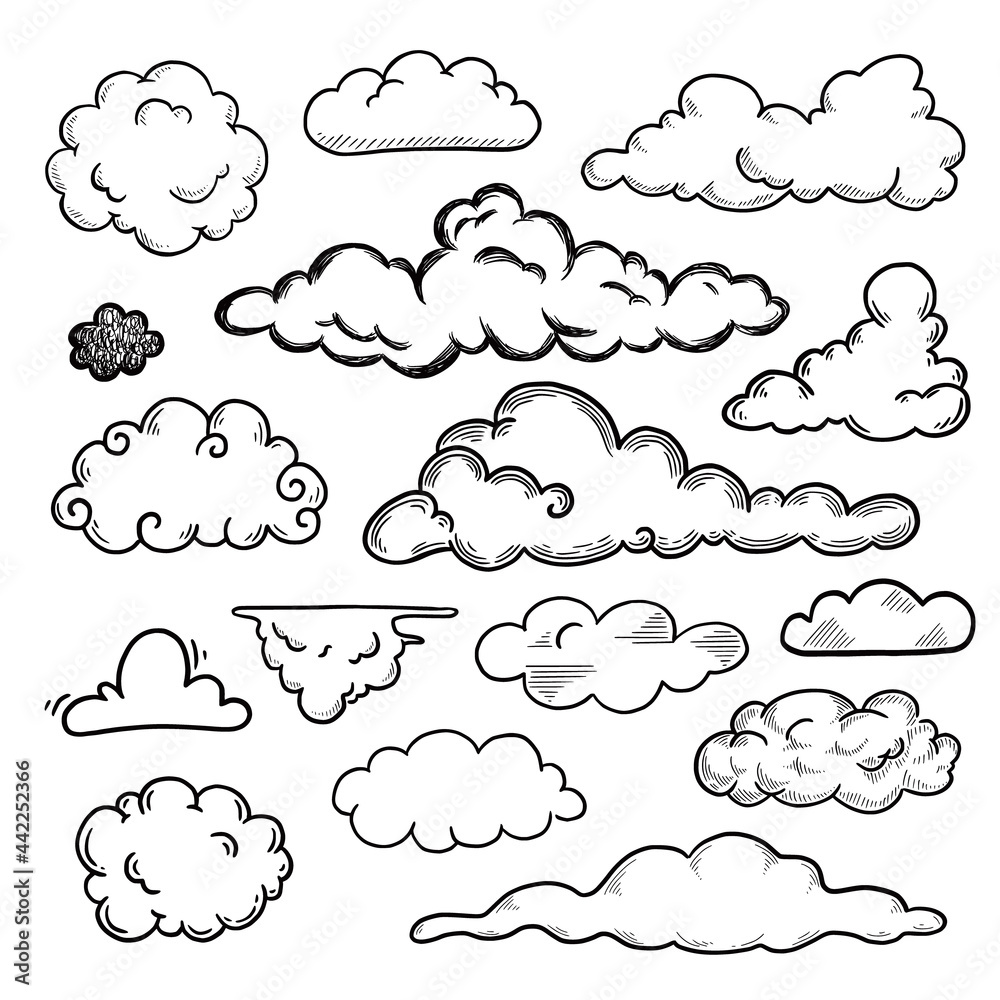 Poster hand drawn cloud set. doodle sketch style cloud. simple outline scribble draw. vector illustration.