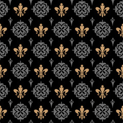 Royal background pattern with floral ornament on black background, wallpaper. Seamless pattern, texture