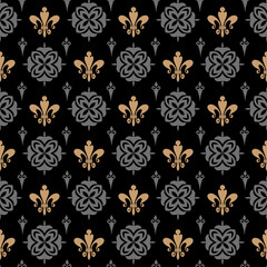 Royal background pattern with floral ornament on black background, wallpaper. Seamless pattern, texture